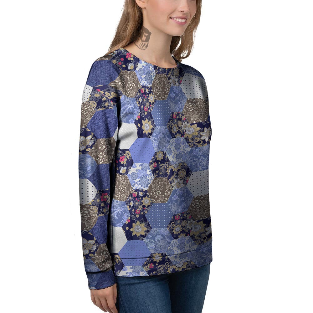 Patchwork Denim And Plaid Print Pattern Women's Sweatshirt-grizzshop