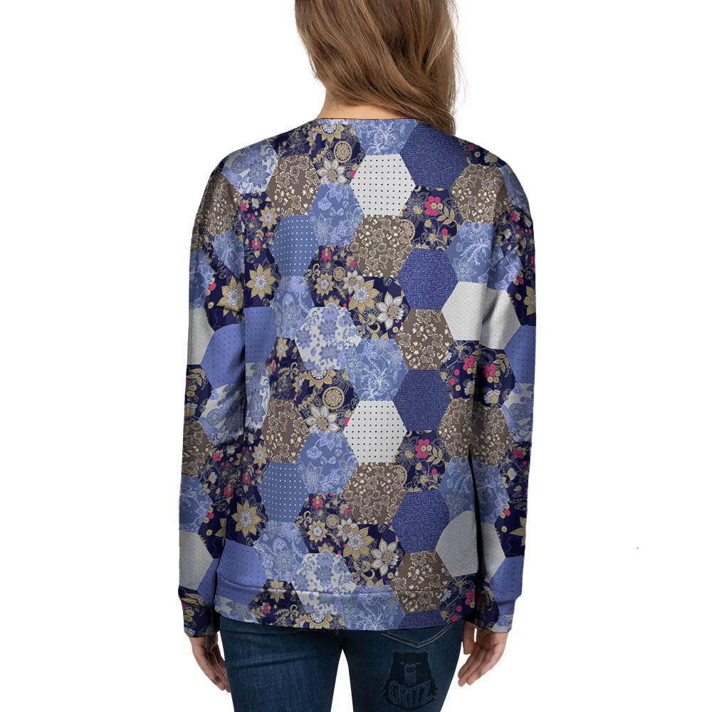 Patchwork Denim And Plaid Print Pattern Women's Sweatshirt-grizzshop