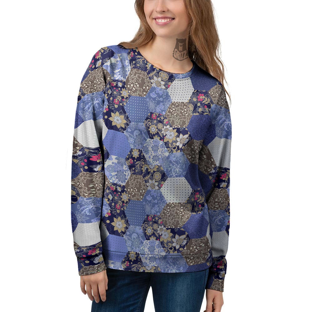 Patchwork Denim And Plaid Print Pattern Women's Sweatshirt-grizzshop