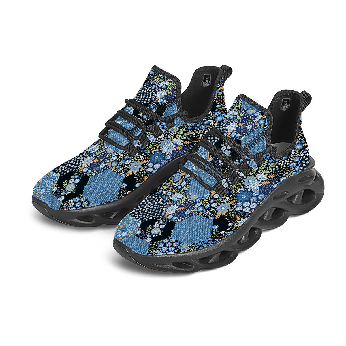 Patchwork Ethnic Floral Print Pattern Black Running Shoes-grizzshop