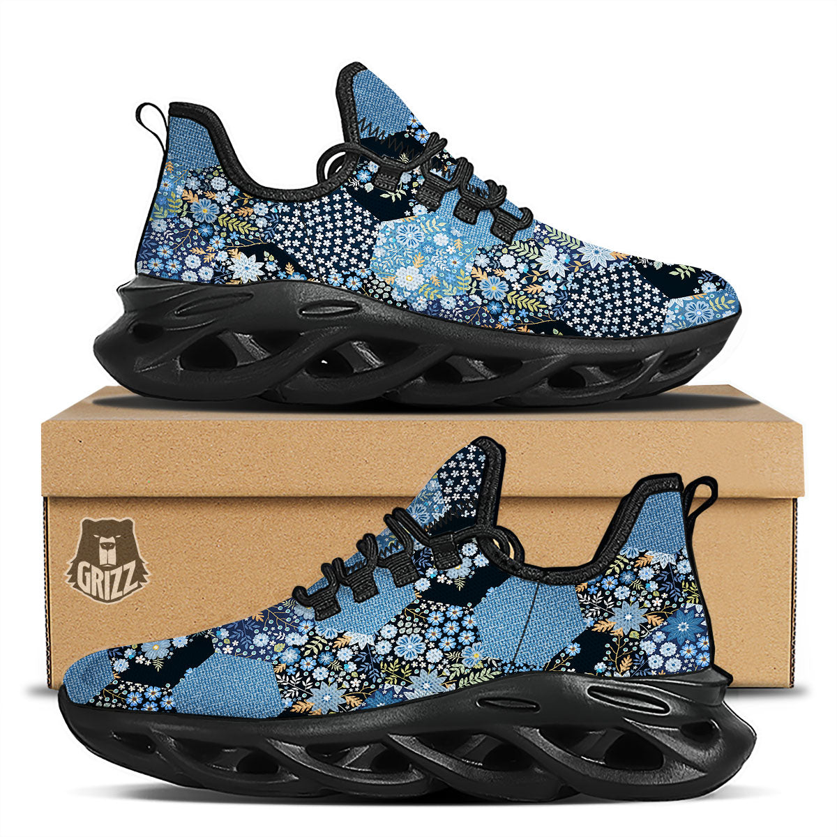 Patchwork Ethnic Floral Print Pattern Black Running Shoes-grizzshop