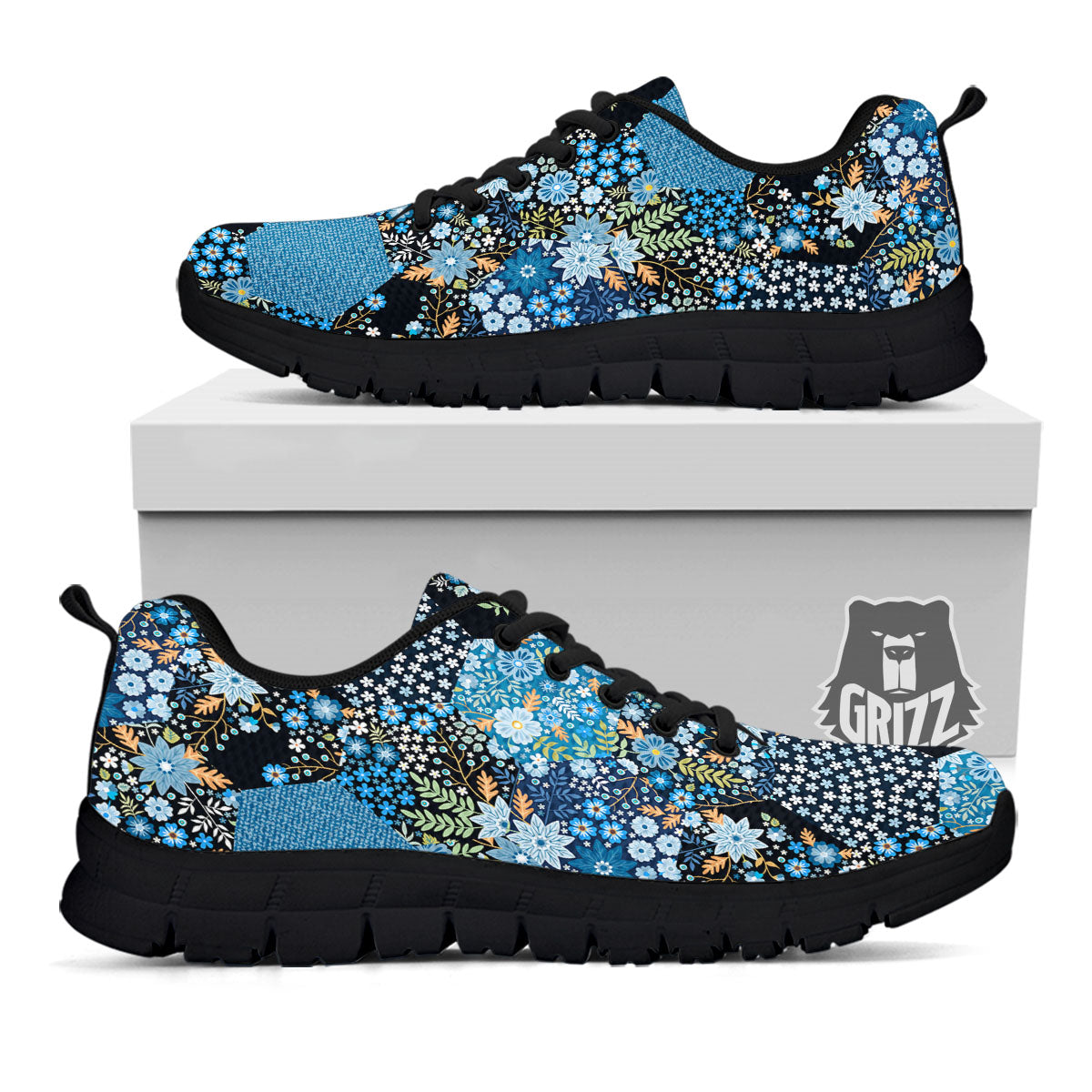 Patchwork Ethnic Floral Print Pattern Black Sneaker-grizzshop
