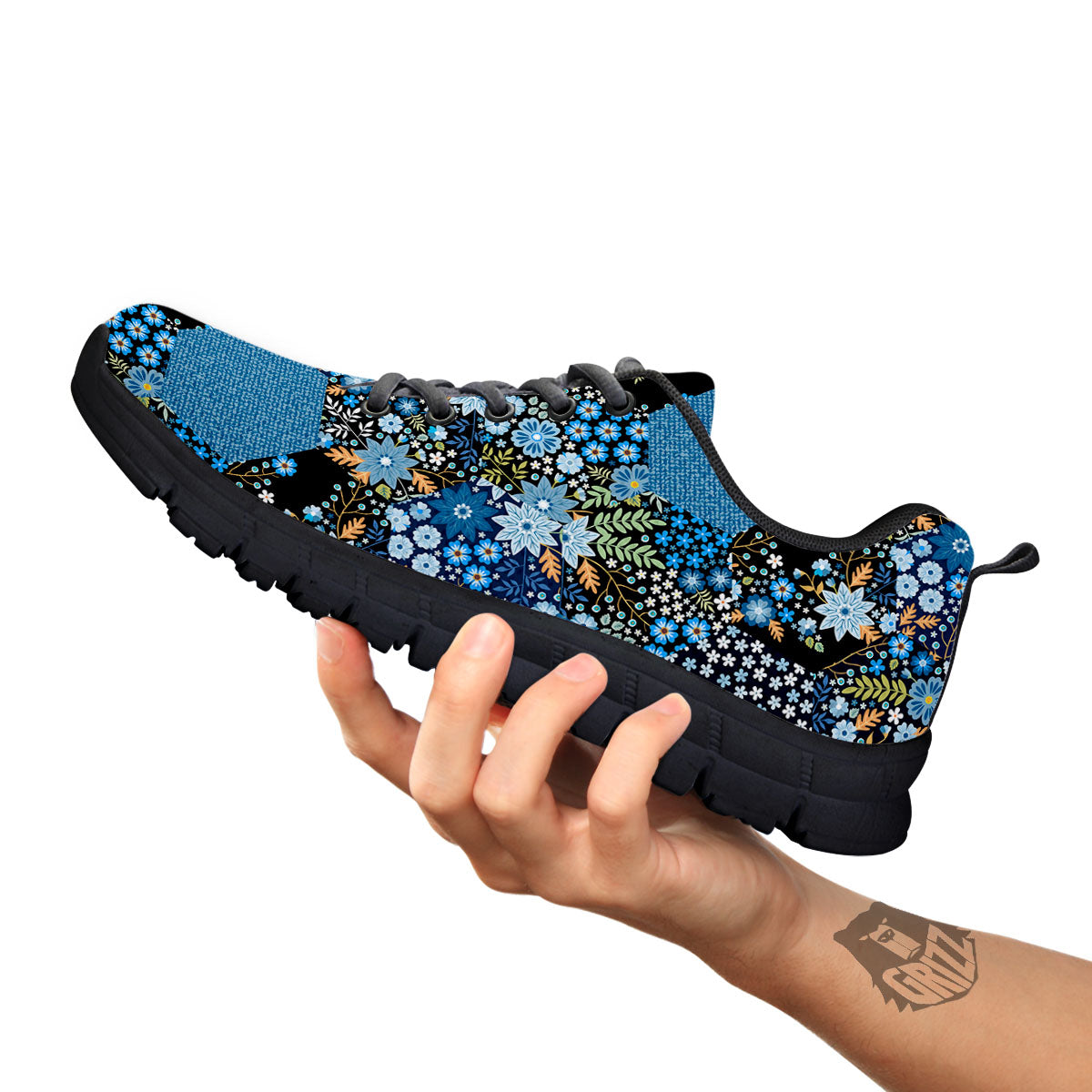 Patchwork Ethnic Floral Print Pattern Black Sneaker-grizzshop