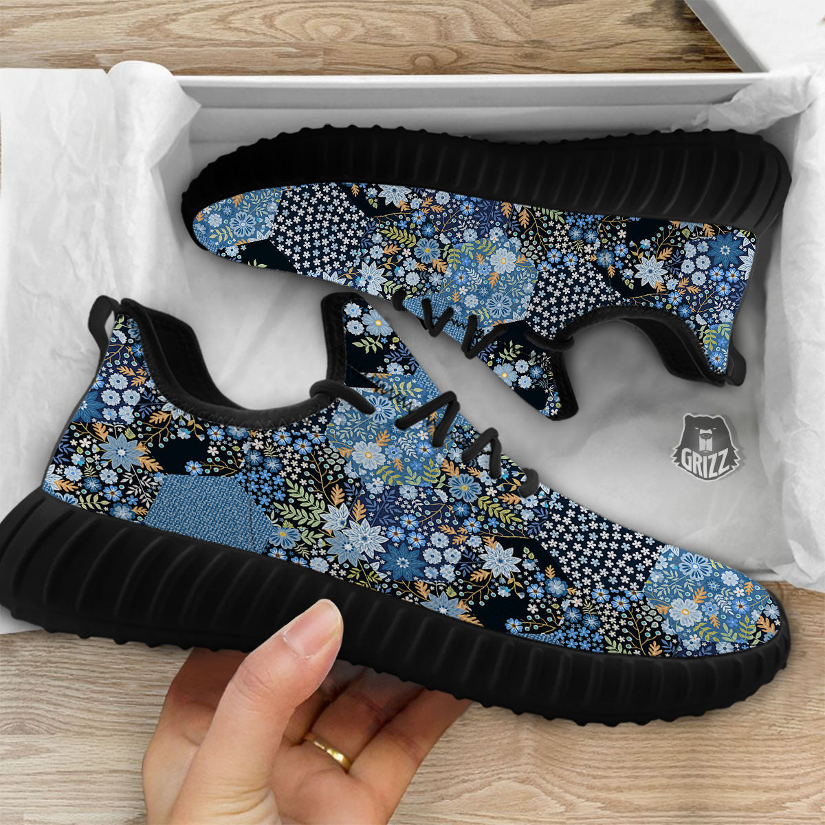 Patchwork Ethnic Floral Print Pattern Black Walking Shoes-grizzshop
