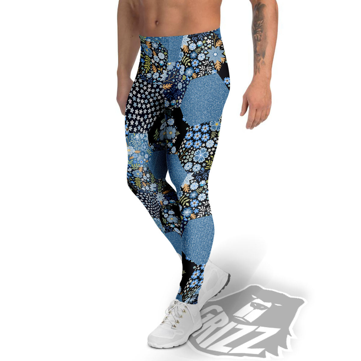 Patchwork Ethnic Floral Print Pattern Men's Leggings-grizzshop