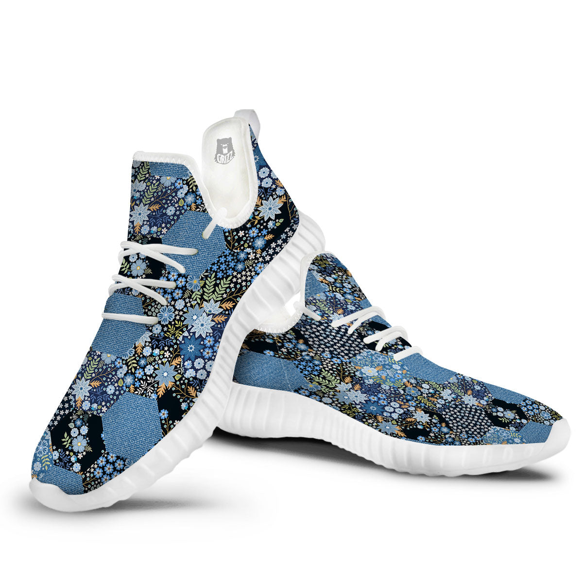 Patchwork Ethnic Floral Print Pattern White Walking Shoes-grizzshop