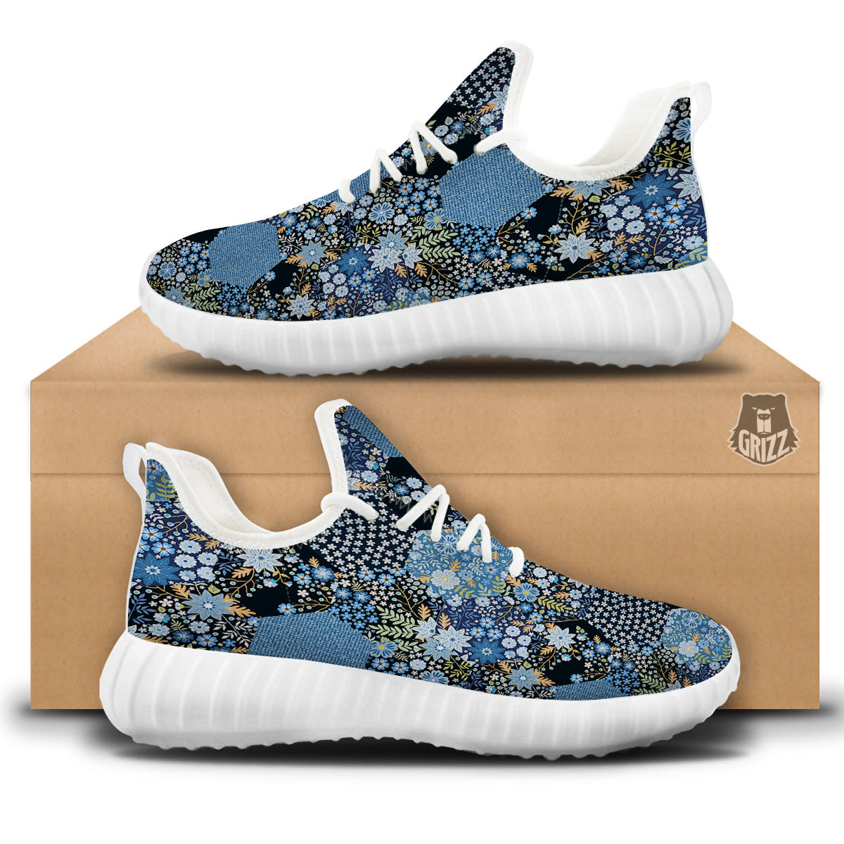Patchwork Ethnic Floral Print Pattern White Walking Shoes-grizzshop