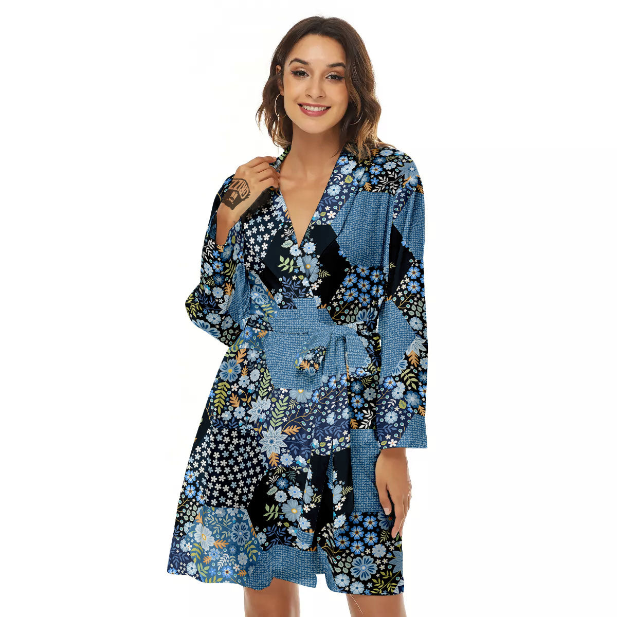 Patchwork Ethnic Floral Print Pattern Women's Robe-grizzshop