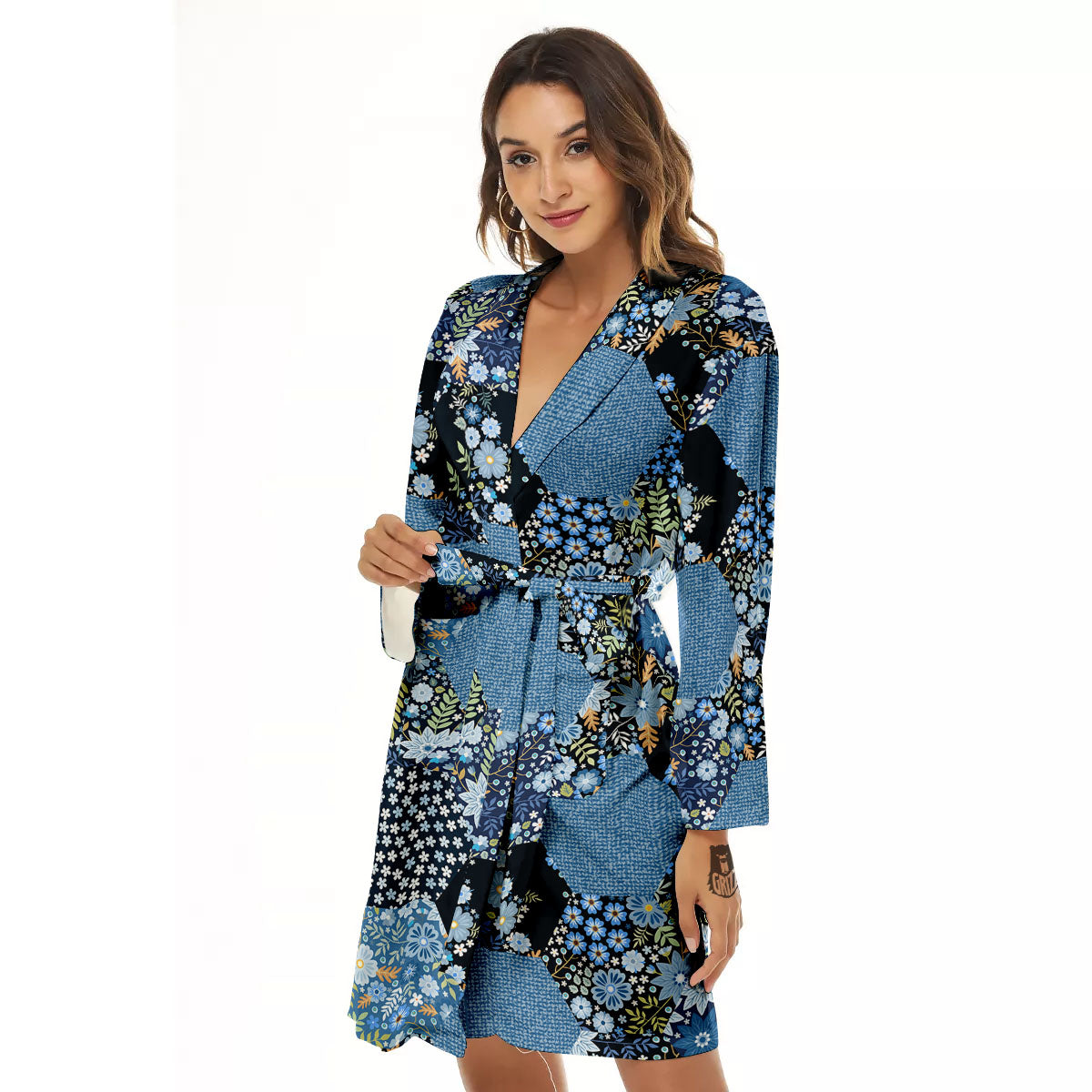 Patchwork Ethnic Floral Print Pattern Women's Robe-grizzshop