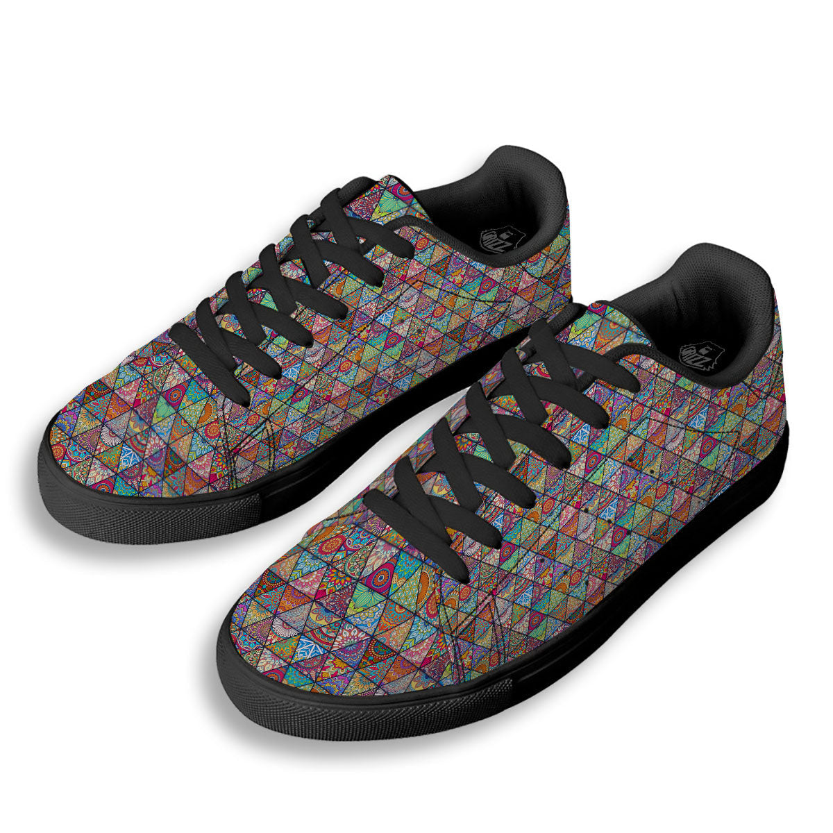Patchwork Ethnic Mandala Print Pattern Black Low Top Sneakers-grizzshop