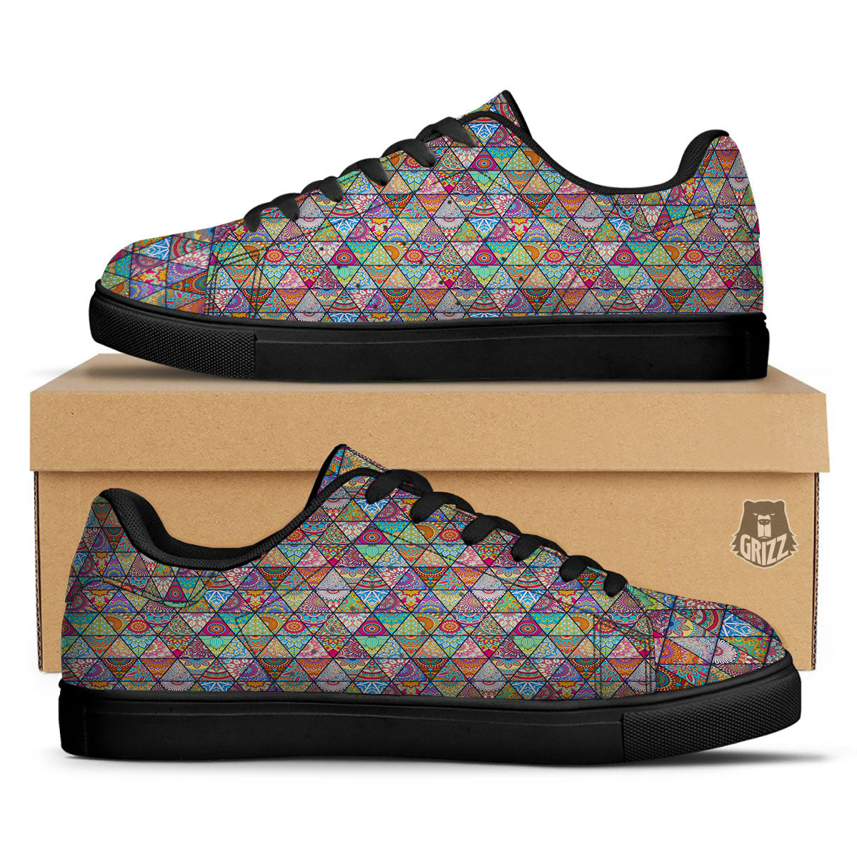 Patchwork Ethnic Mandala Print Pattern Black Low Top Sneakers-grizzshop