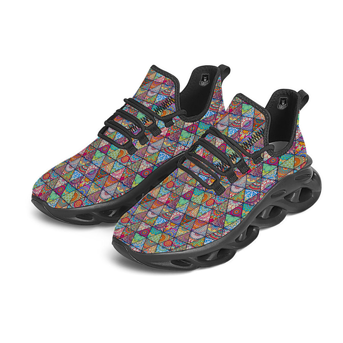 Patchwork Ethnic Mandala Print Pattern Black Running Shoes-grizzshop