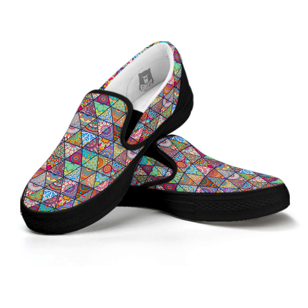 Patchwork Ethnic Mandala Print Pattern Black Slip On Shoes-grizzshop