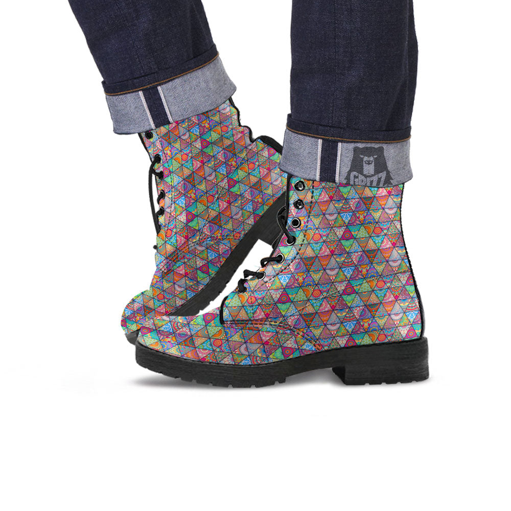 Patchwork Ethnic Mandala Print Pattern Leather Boots-grizzshop