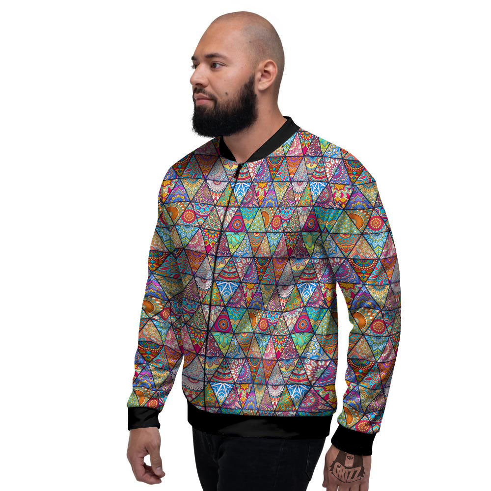 Patchwork Ethnic Mandala Print Pattern Men's Bomber Jacket-grizzshop