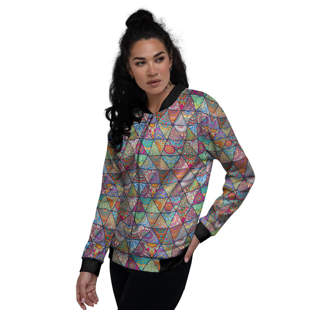 Patchwork Ethnic Mandala Print Pattern Women's Bomber Jacket-grizzshop