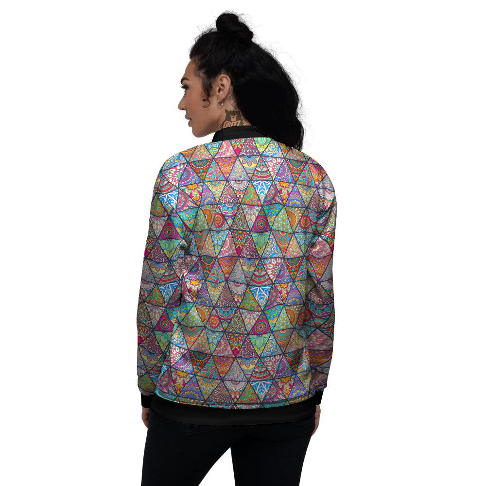 Patchwork Ethnic Mandala Print Pattern Women's Bomber Jacket-grizzshop
