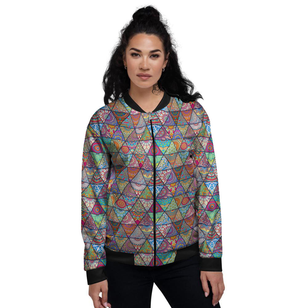 Patchwork Ethnic Mandala Print Pattern Women's Bomber Jacket-grizzshop
