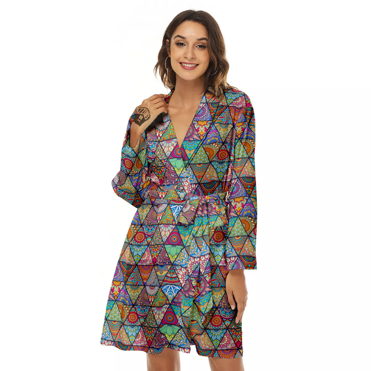 Patchwork Ethnic Mandala Print Pattern Women's Robe-grizzshop