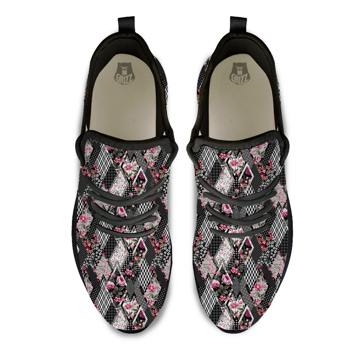 Patchwork Floral Black Pink Print Pattern Black Athletic Shoes-grizzshop