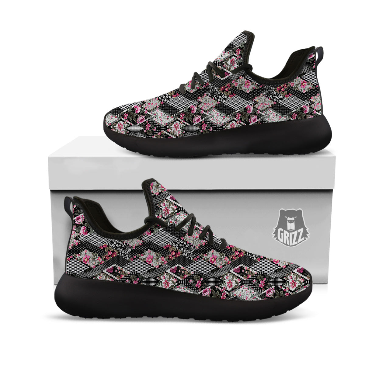Patchwork Floral Black Pink Print Pattern Black Athletic Shoes-grizzshop