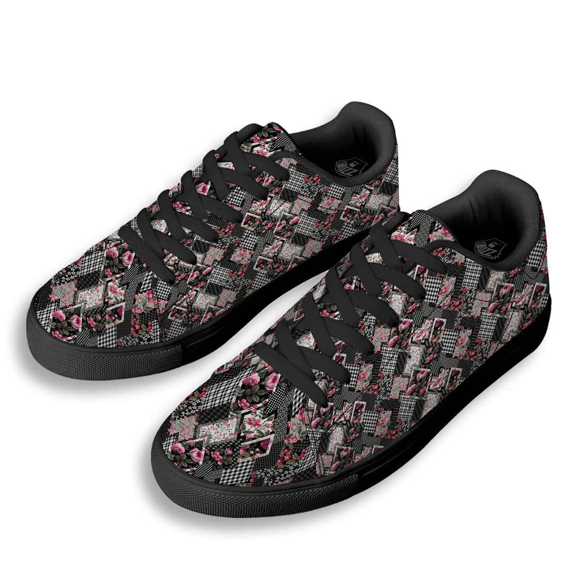 Patchwork Floral Black Pink Print Pattern Black Low Top Sneakers-grizzshop