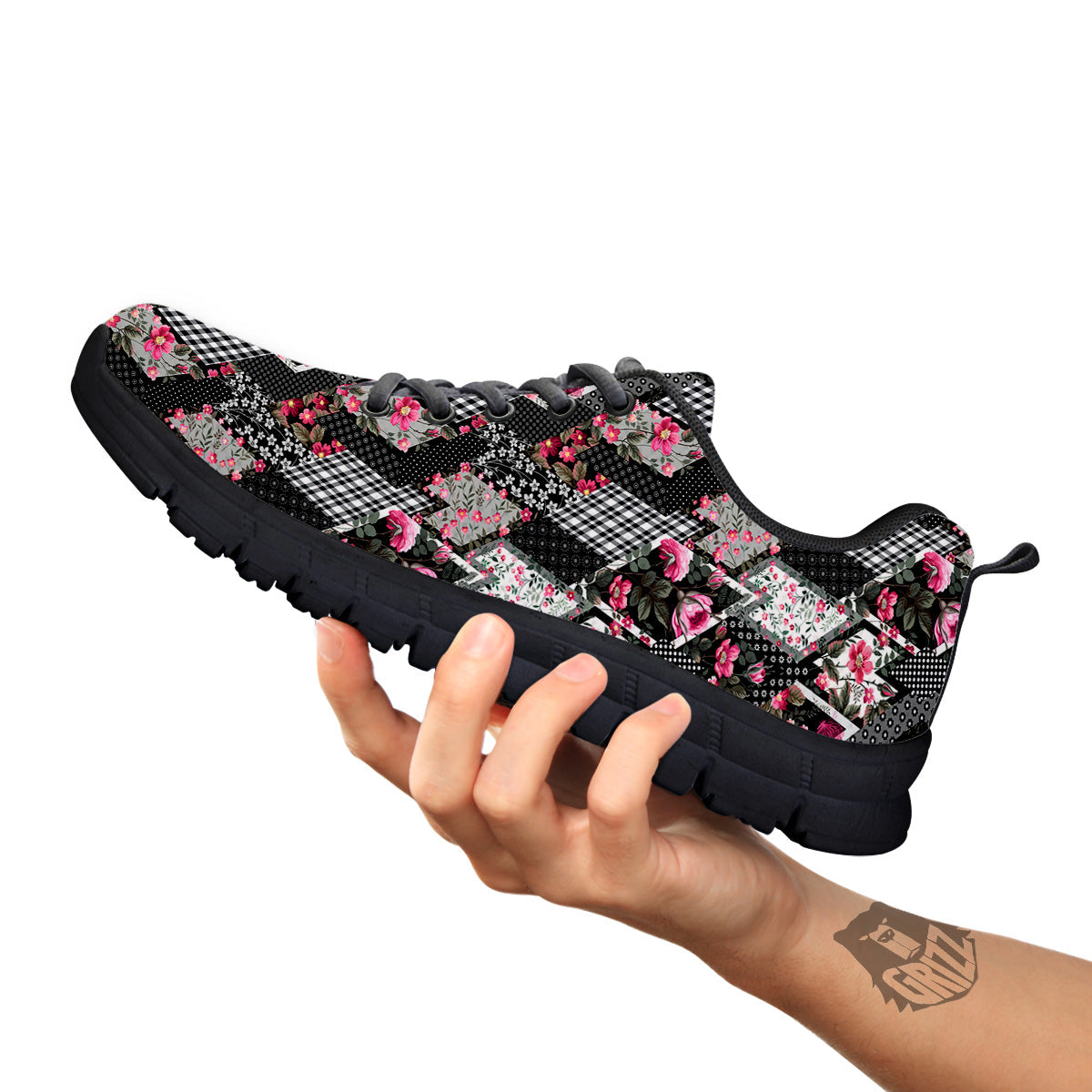 Patchwork Floral Black Pink Print Pattern Black Sneaker-grizzshop