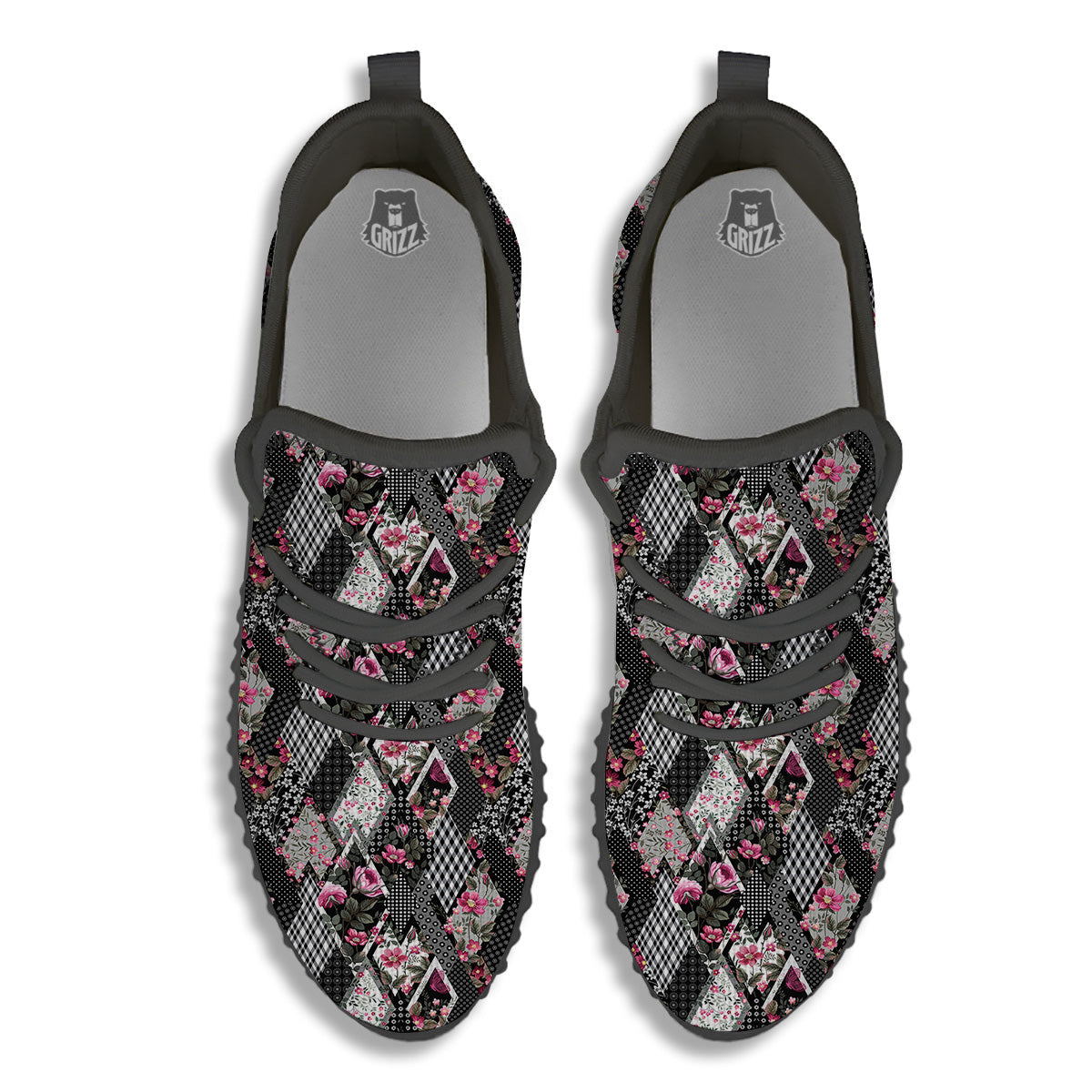 Patchwork Floral Black Pink Print Pattern Black Walking Shoes-grizzshop