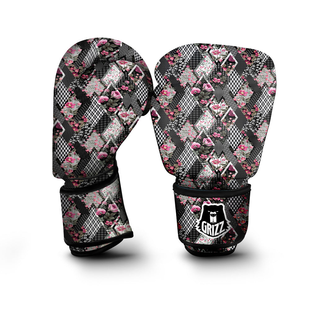 Patchwork Floral Black Pink Print Pattern Boxing Gloves-grizzshop