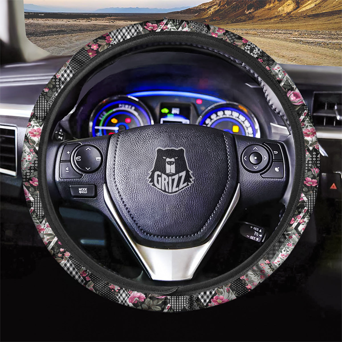 Patchwork Floral Black Pink Print Pattern Car Steering Wheel Cover-grizzshop