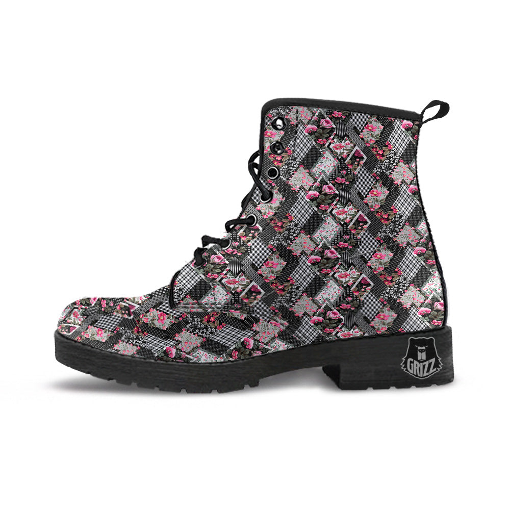 Patchwork Floral Black Pink Print Pattern Leather Boots-grizzshop
