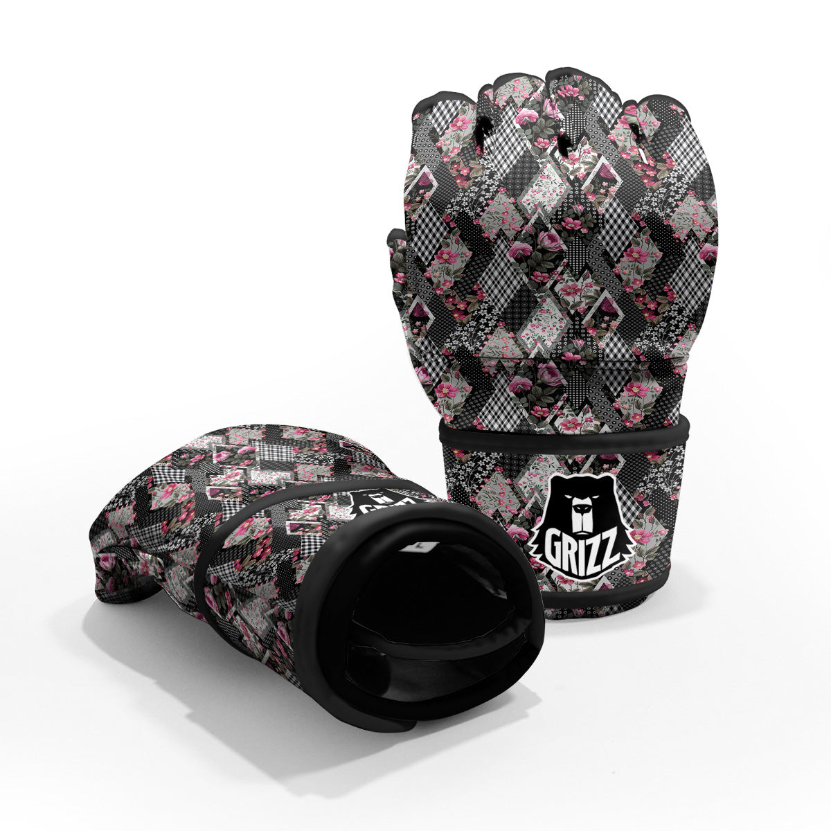 Patchwork Floral Black Pink Print Pattern MMA Gloves-grizzshop