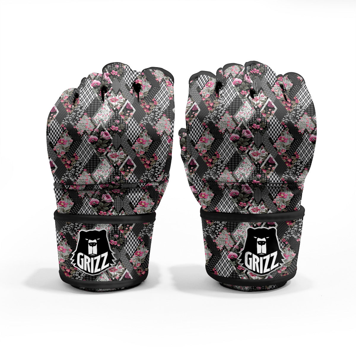 Patchwork Floral Black Pink Print Pattern MMA Gloves-grizzshop