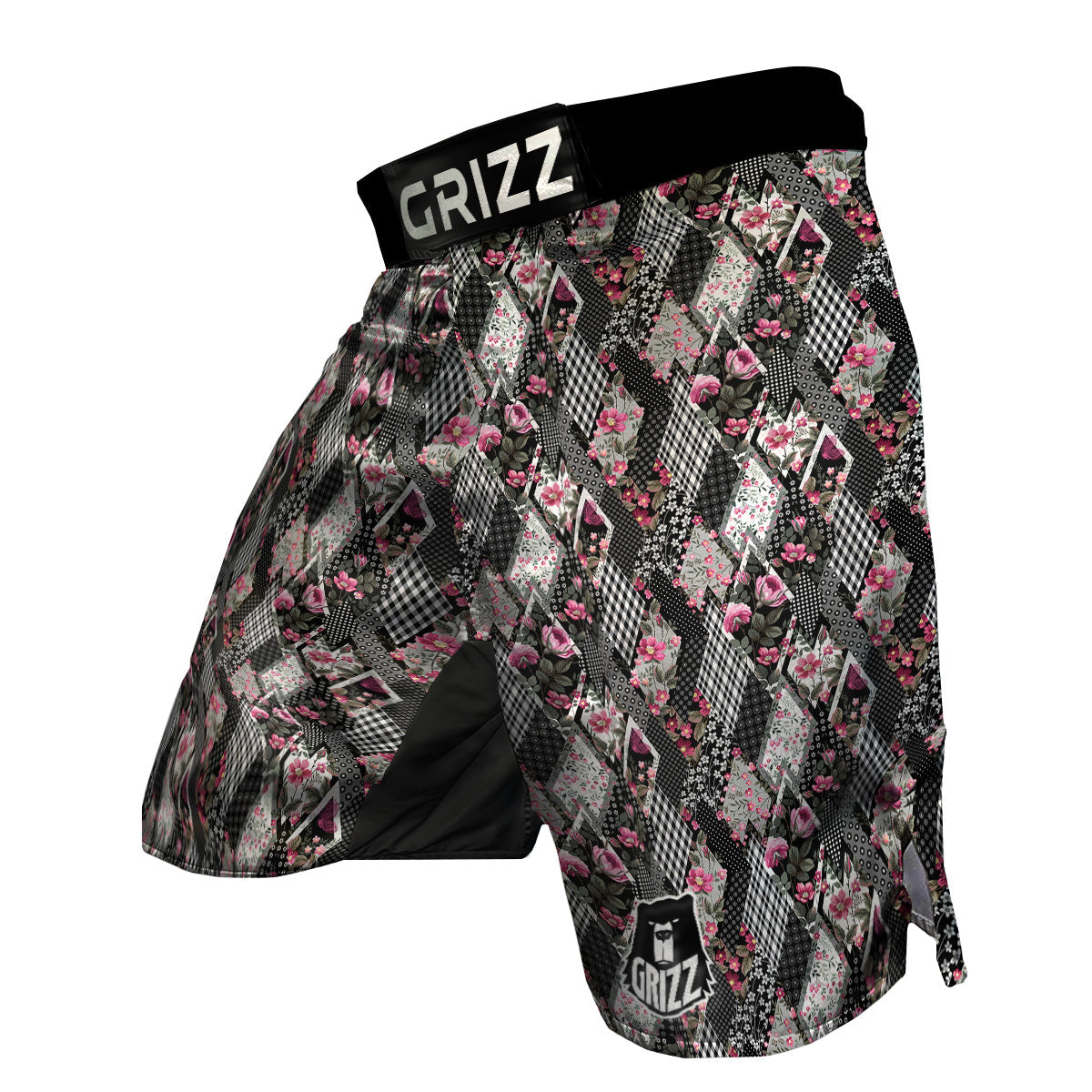 Patchwork Floral Black Pink Print Pattern MMA Shorts-grizzshop