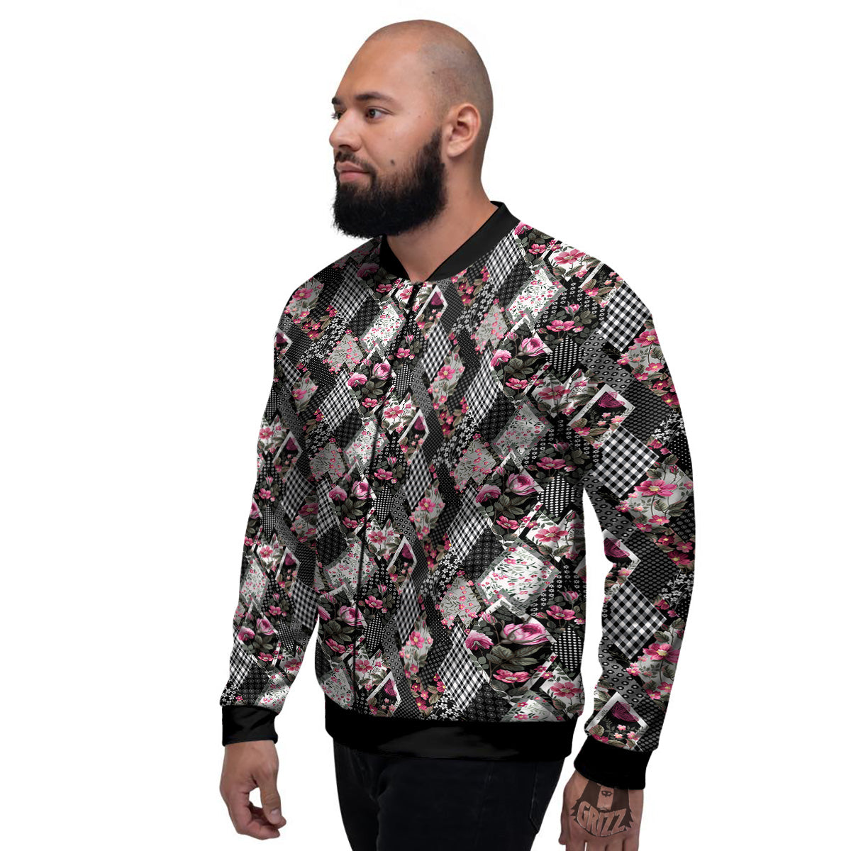 Patchwork Floral Black Pink Print Pattern Men's Bomber Jacket-grizzshop