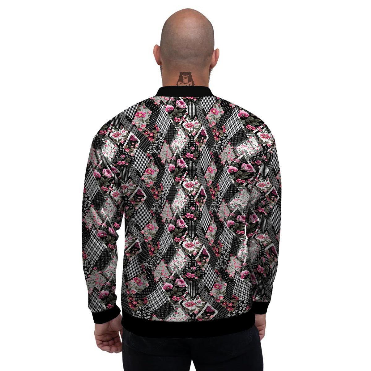 Patchwork Floral Black Pink Print Pattern Men's Bomber Jacket-grizzshop