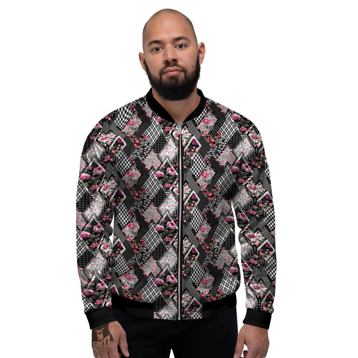 Patchwork Floral Black Pink Print Pattern Men's Bomber Jacket-grizzshop