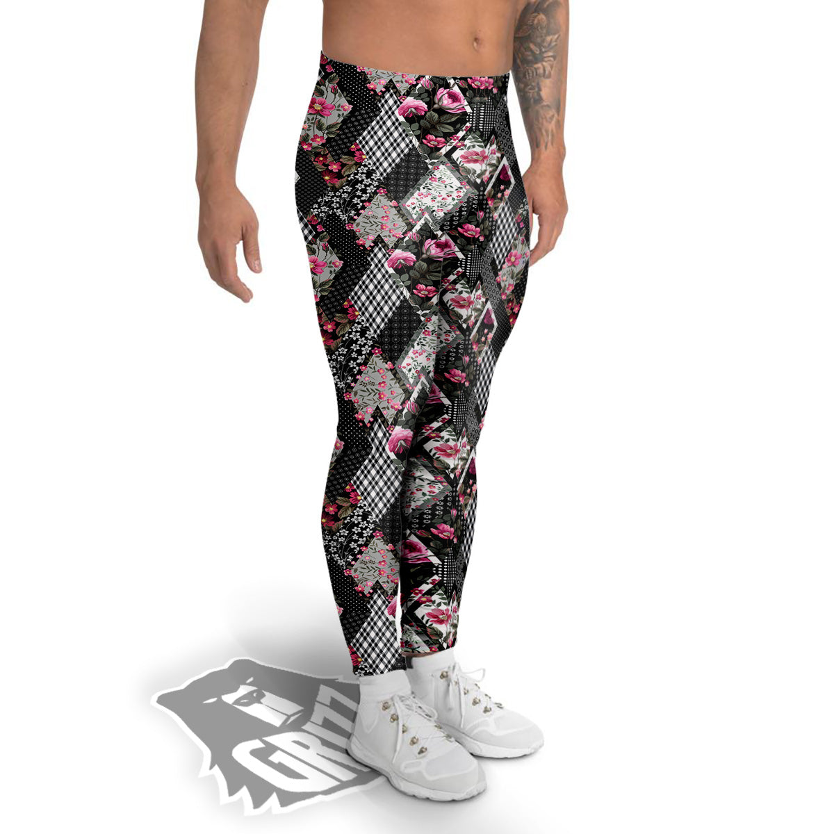 Patchwork Floral Black Pink Print Pattern Men's Leggings-grizzshop