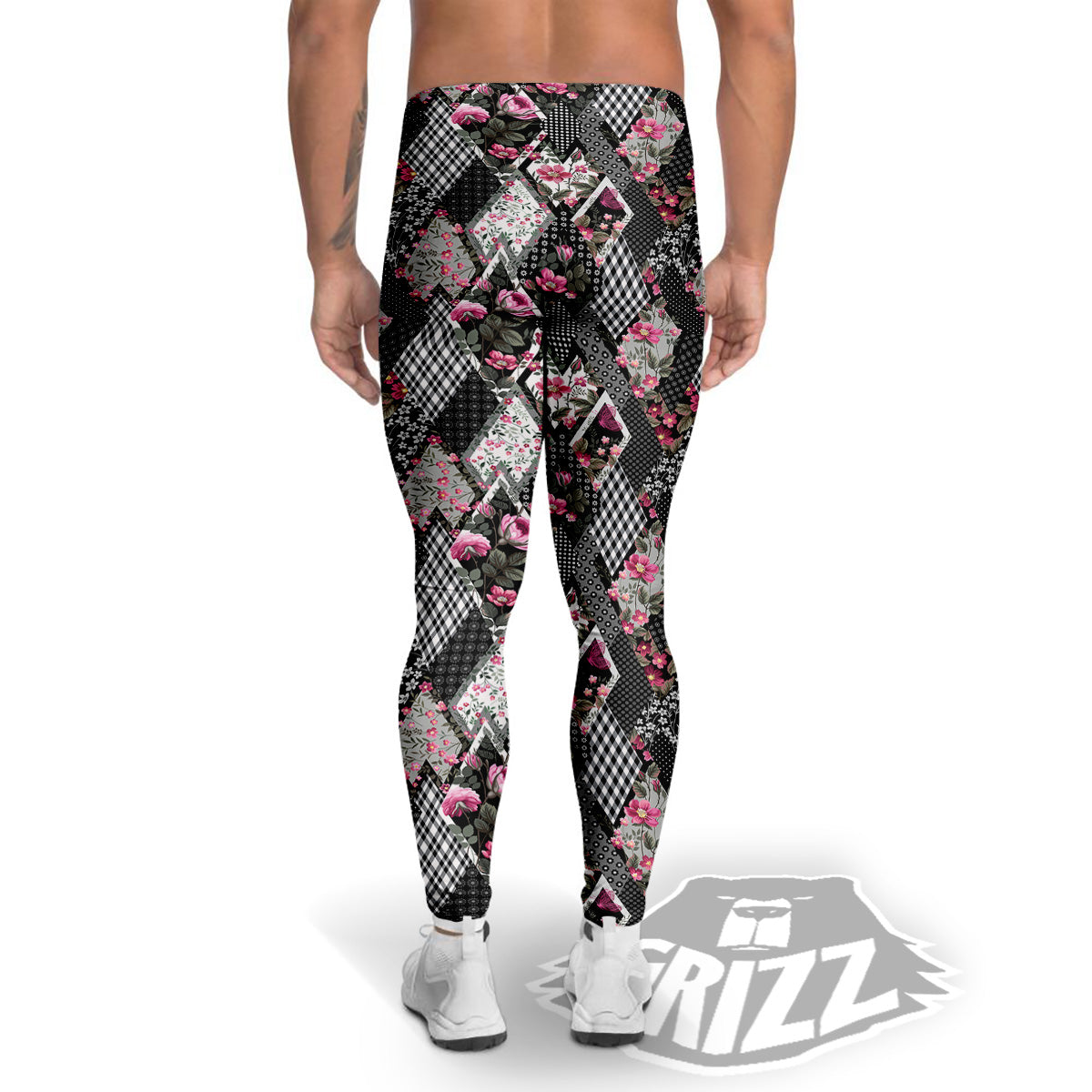 Patchwork Floral Black Pink Print Pattern Men's Leggings-grizzshop