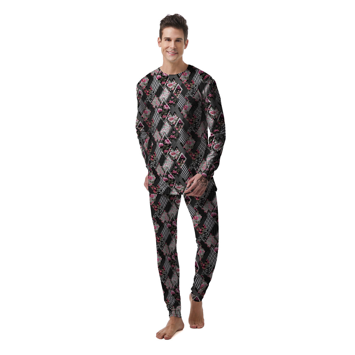 Patchwork Floral Black Pink Print Pattern Men's Pajamas-grizzshop