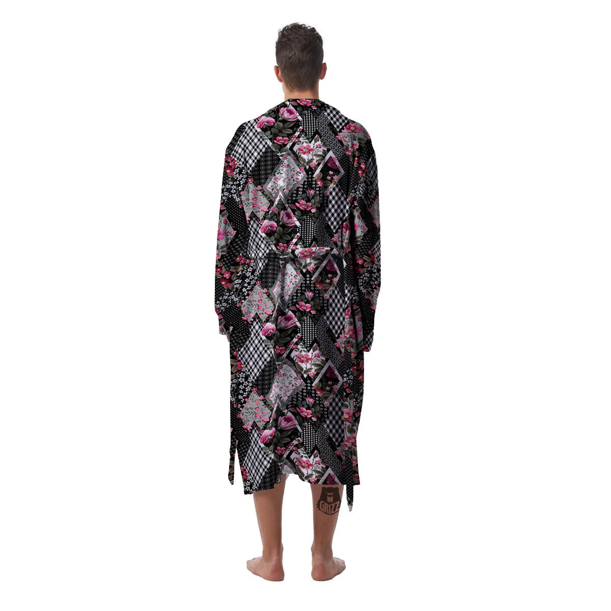 Patchwork Floral Black Pink Print Pattern Men's Robe-grizzshop