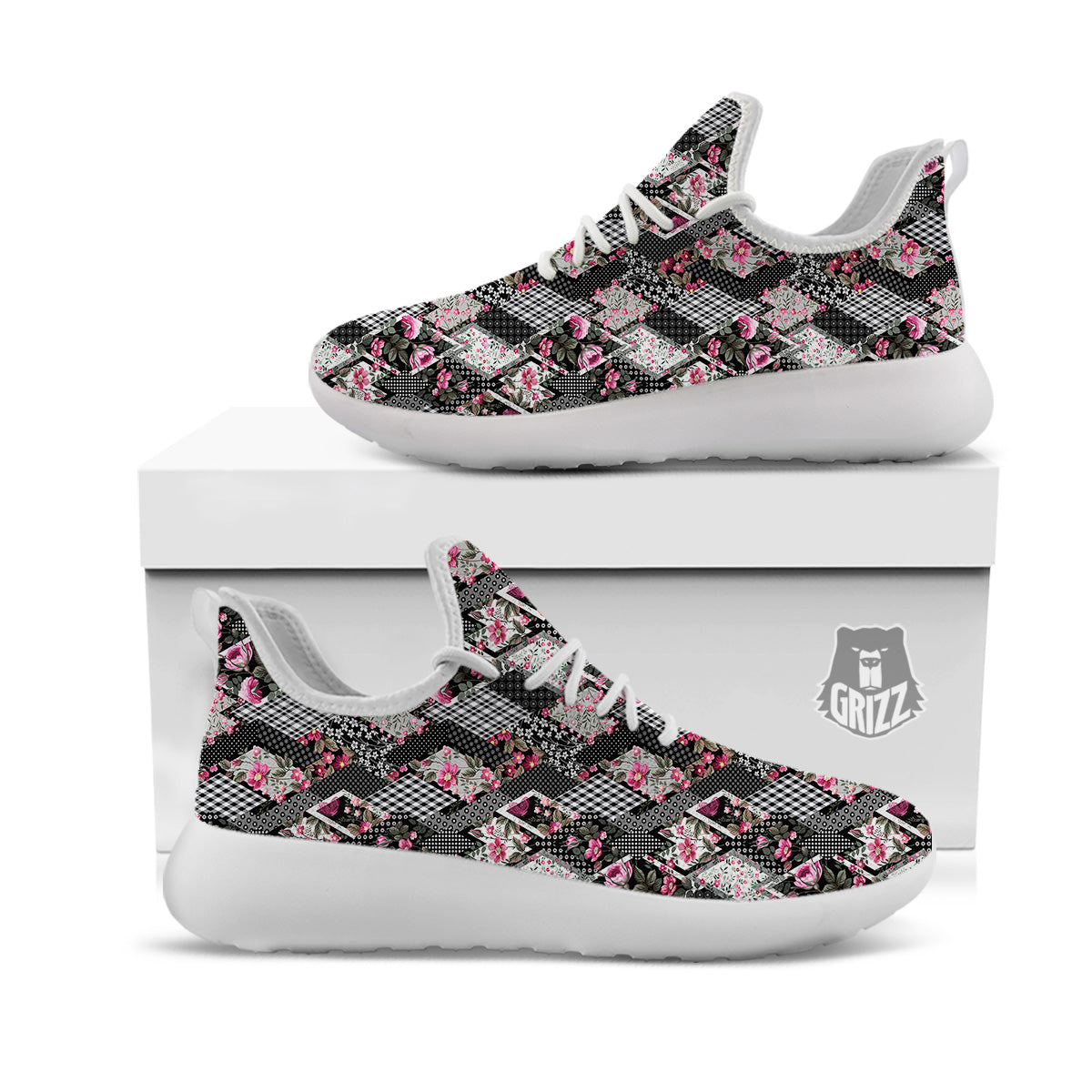 Patchwork Floral Black Pink Print Pattern White Athletic Shoes-grizzshop