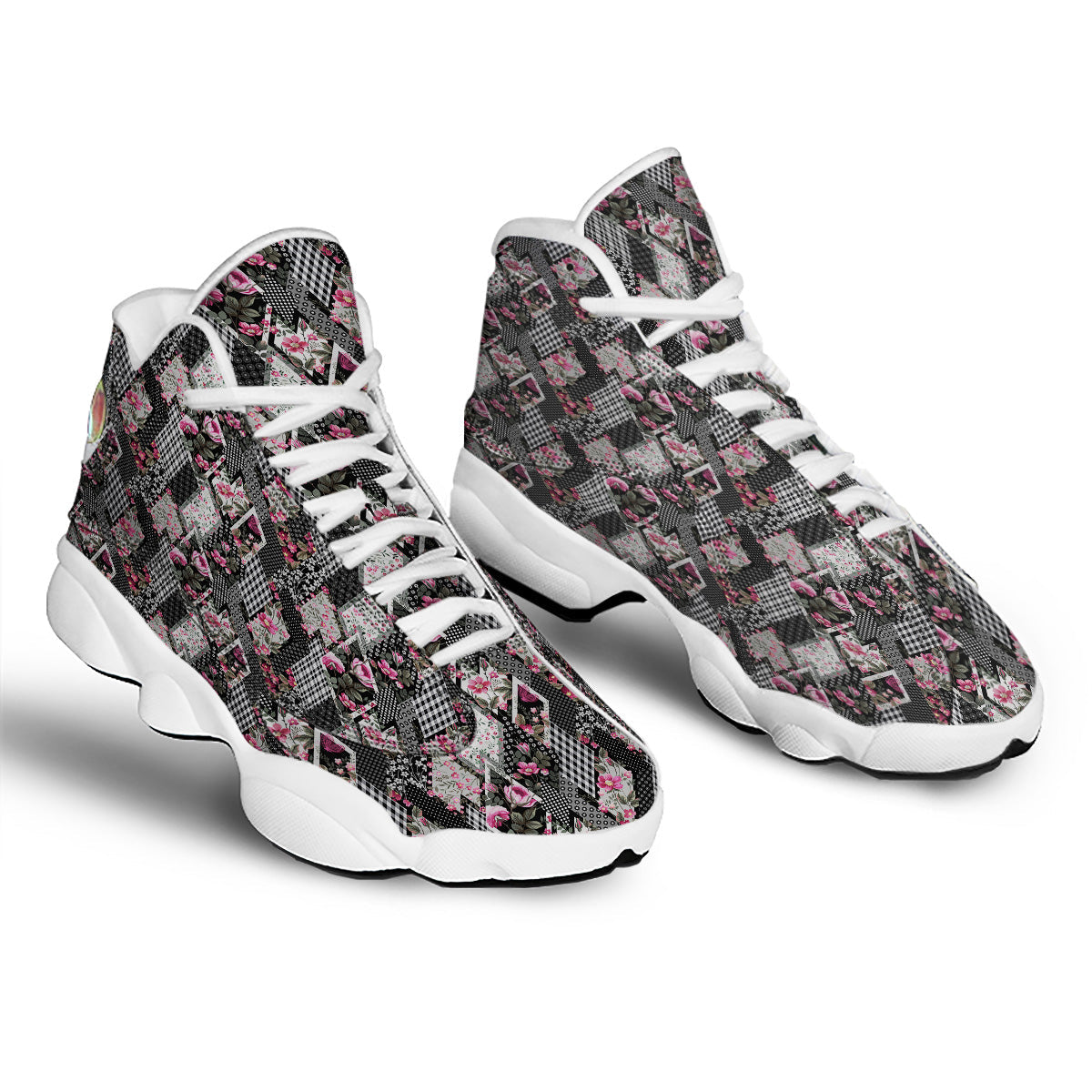 Patchwork Floral Black Pink Print Pattern White Basketball Shoes-grizzshop