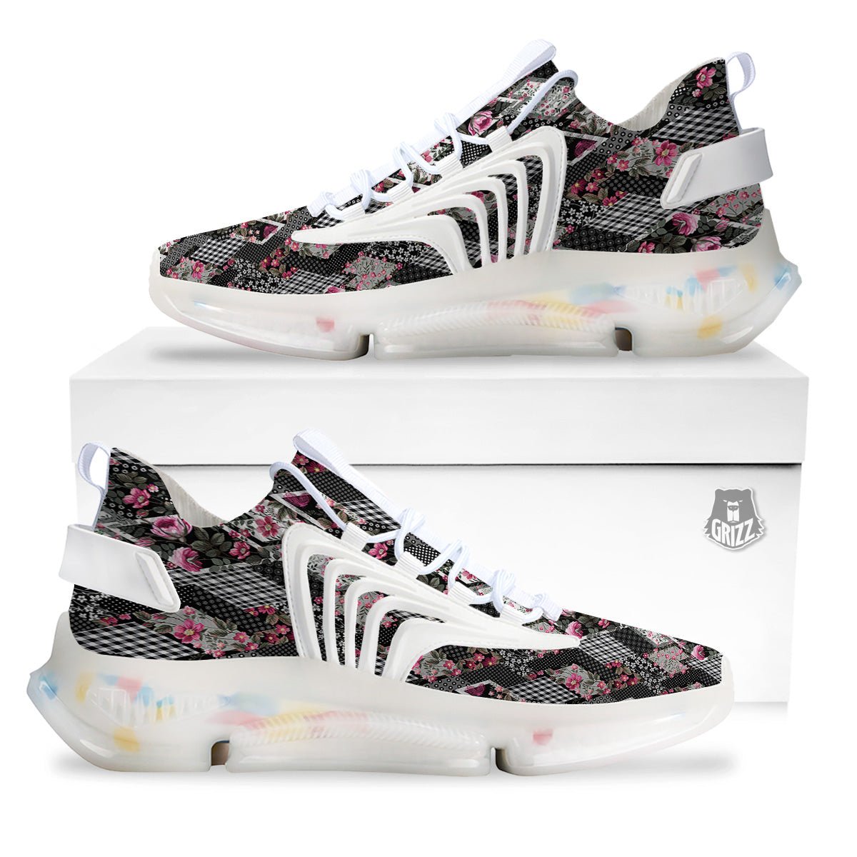 Patchwork Floral Black Pink Print Pattern White Gym Shoes-grizzshop