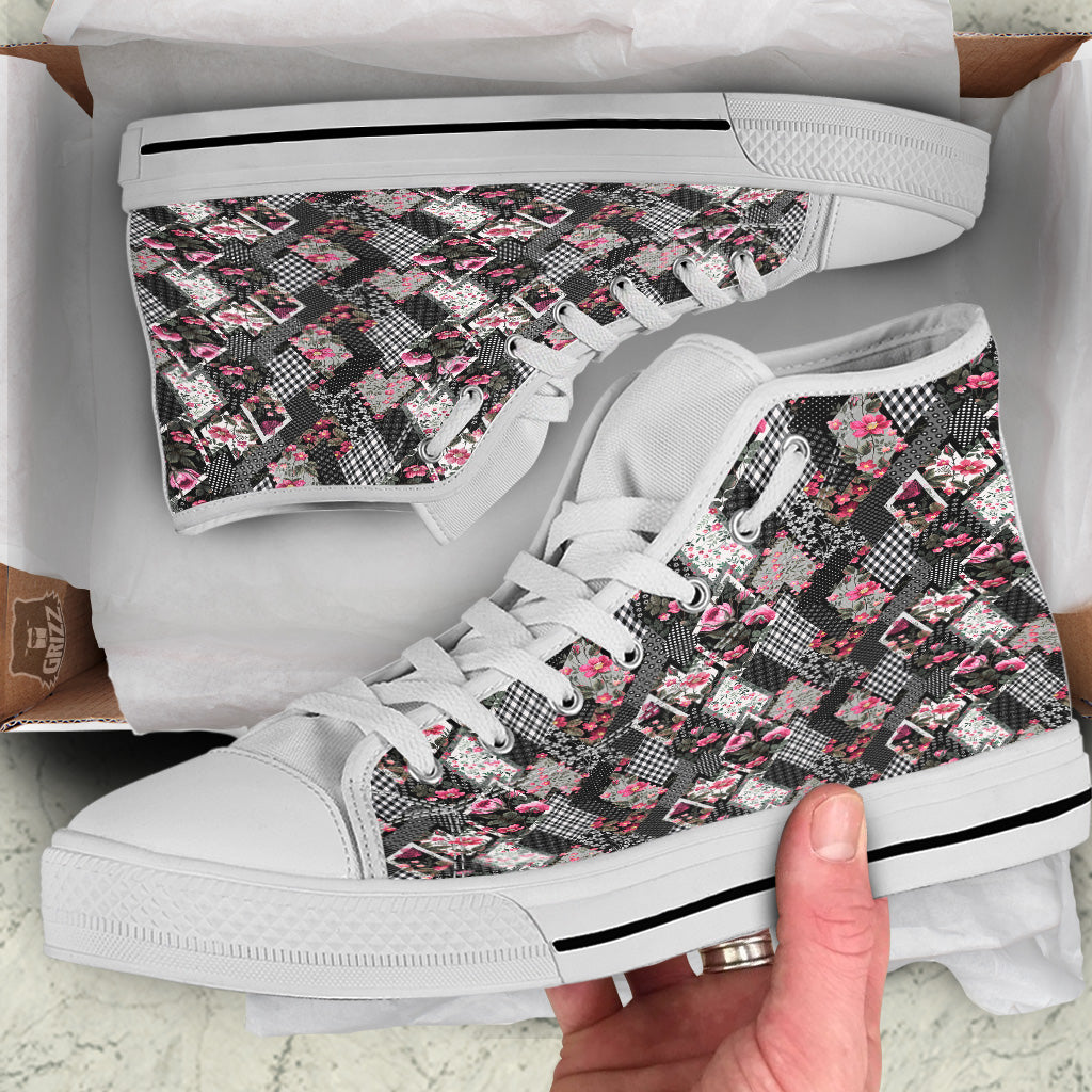 Patchwork Floral Black Pink Print Pattern White High Top Shoes-grizzshop
