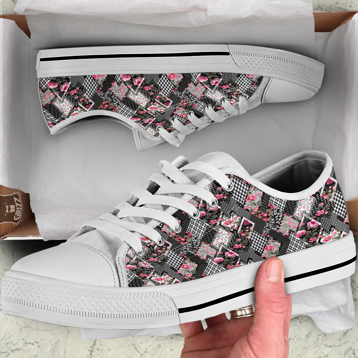 Patchwork Floral Black Pink Print Pattern White Low Top Shoes-grizzshop