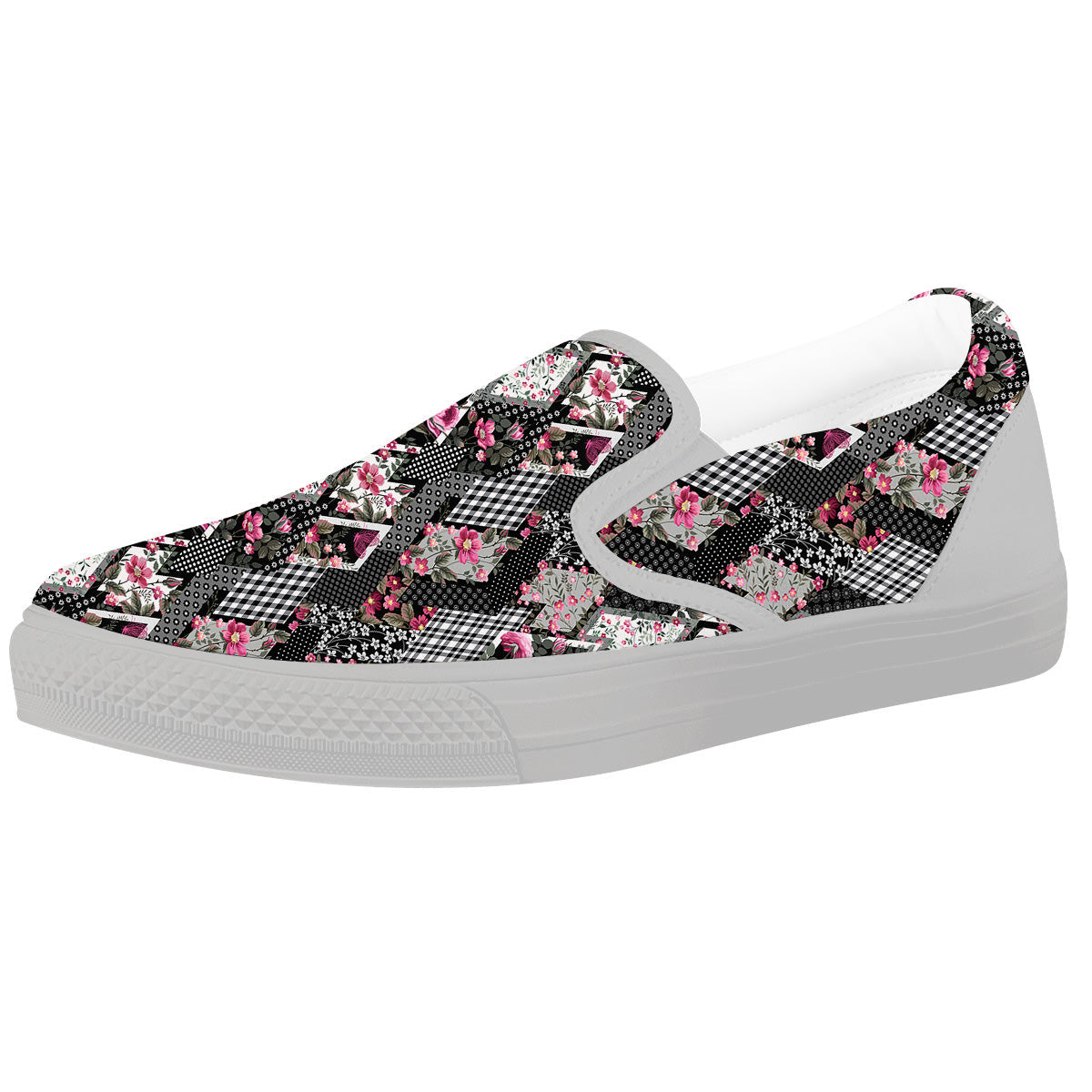 Patchwork Floral Black Pink Print Pattern White Slip On Shoes-grizzshop