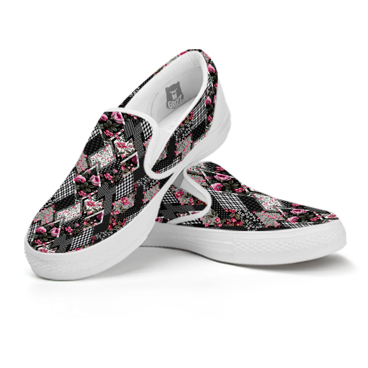 Patchwork Floral Black Pink Print Pattern White Slip On Shoes-grizzshop