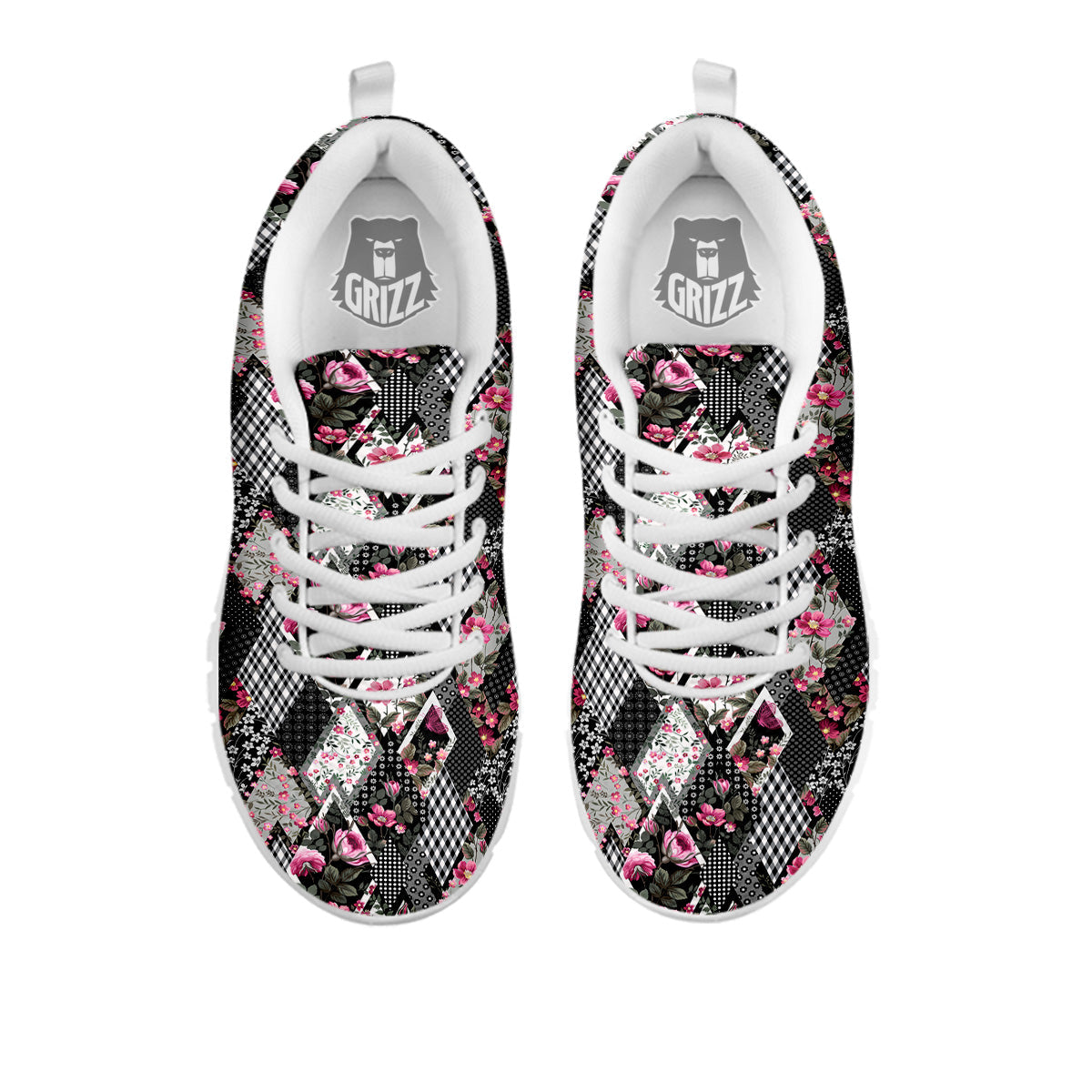 Patchwork Floral Black Pink Print Pattern White Sneaker-grizzshop