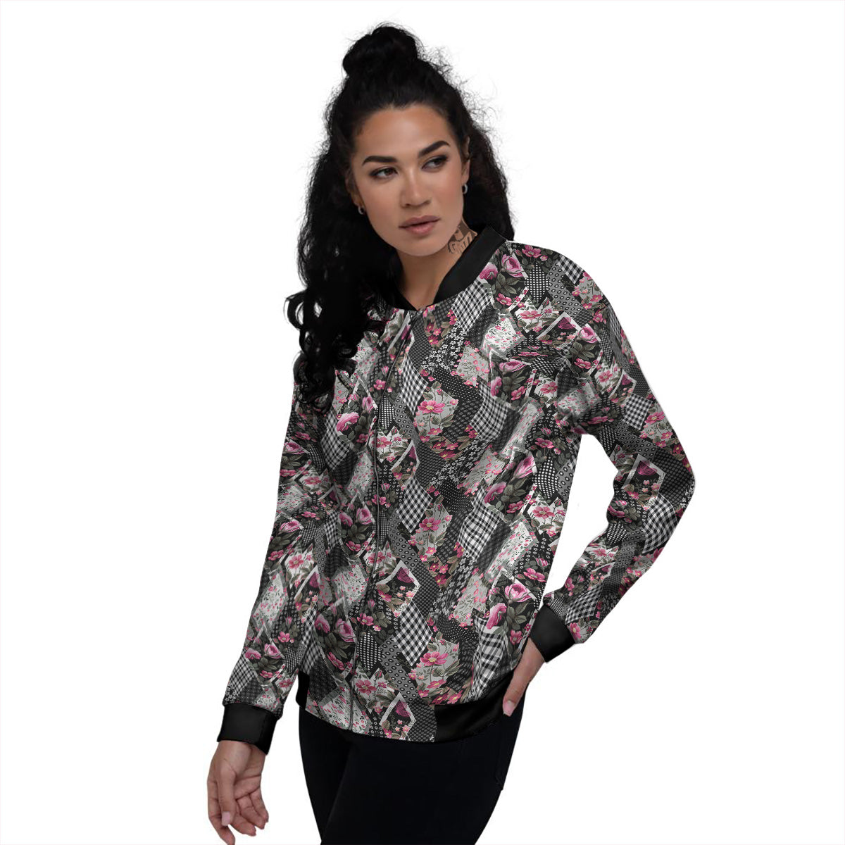 Patchwork Floral Black Pink Print Pattern Women's Bomber Jacket-grizzshop